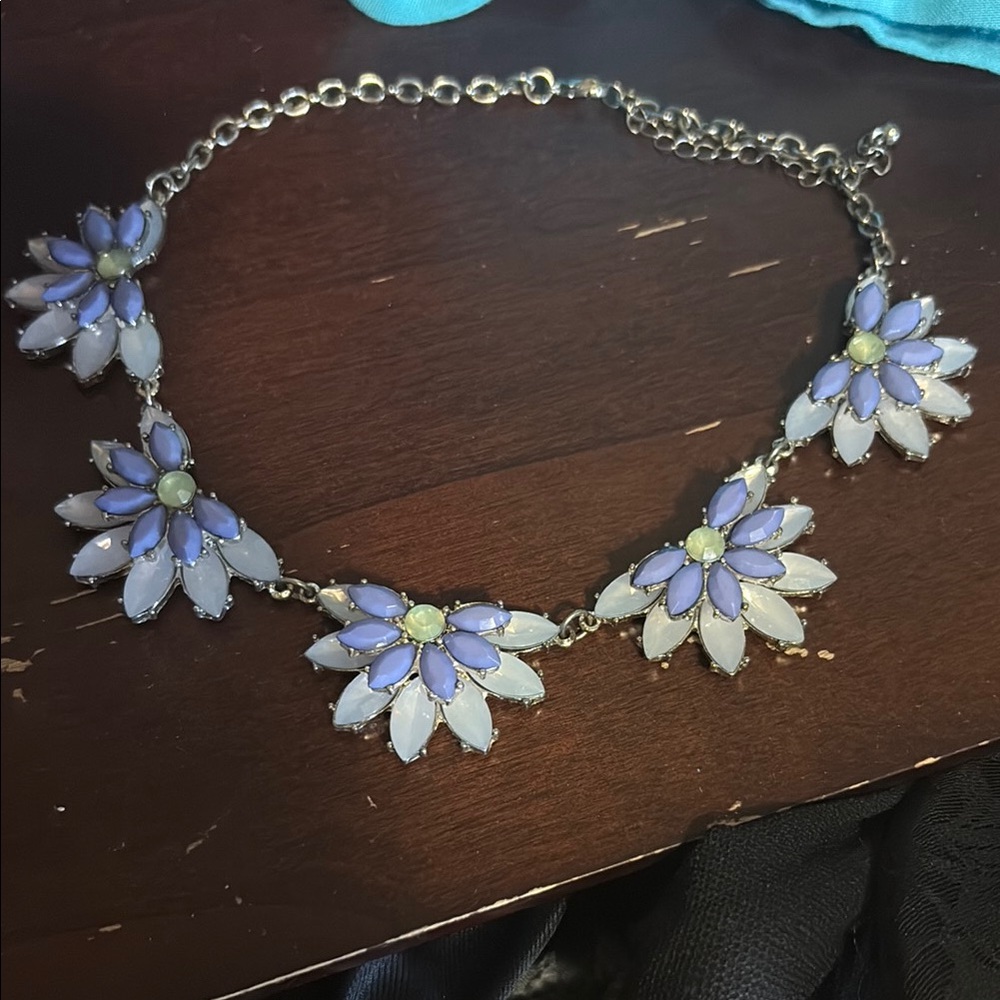 Blue and White Floral Necklace with Silver-Toned Chain